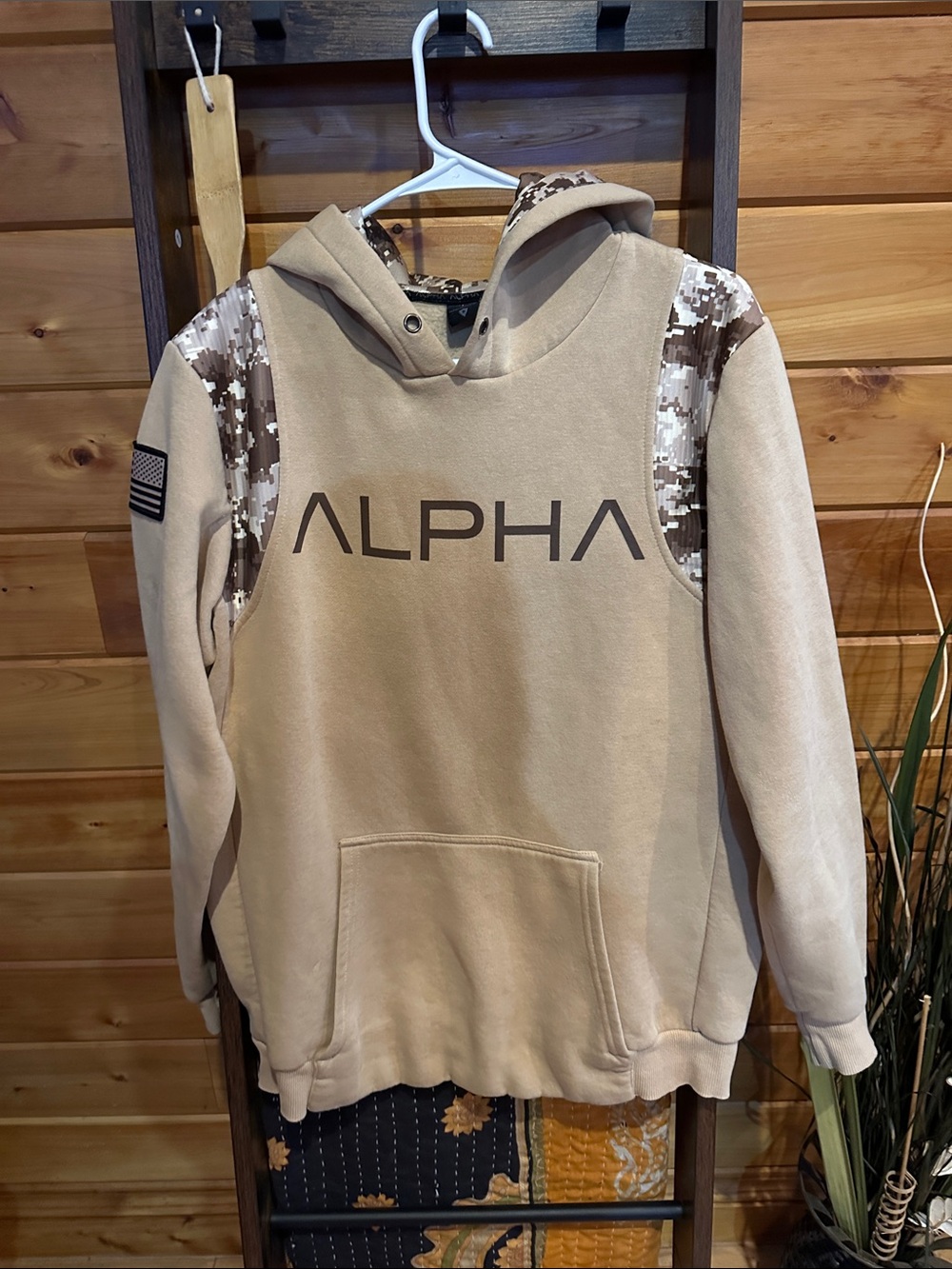 Men's Tan Crewneck Hoodie with Camo Accents